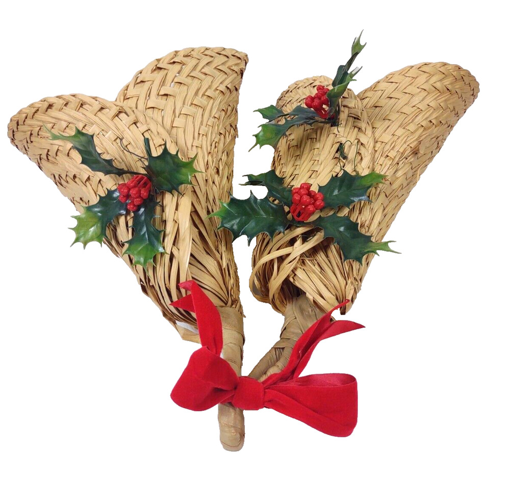 Handmade Christmas Woven Straw Double Bells Wall Door Decor Red Bow Holly